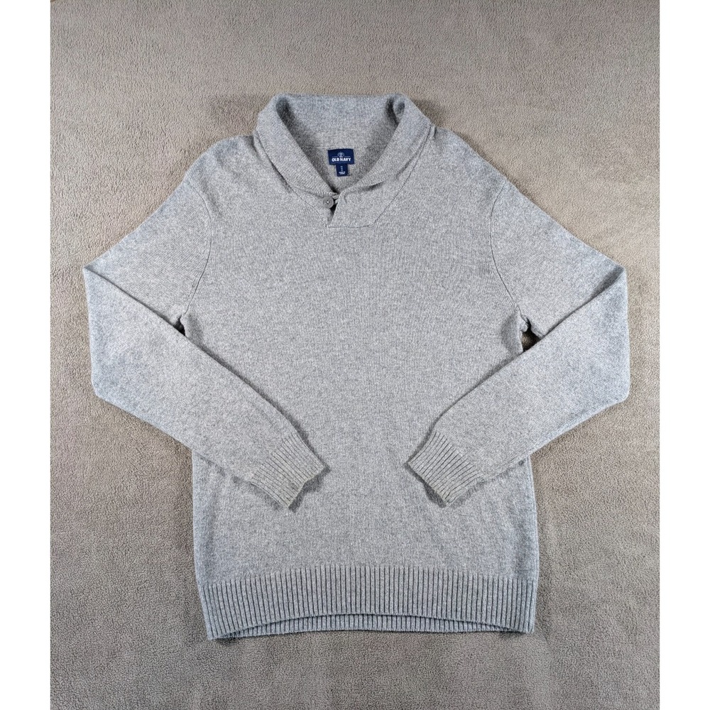 Old Navy Sweater Mens Medium Gray Tight Knit Winter Cozy Shawl‎ Neck Ribbed Trim